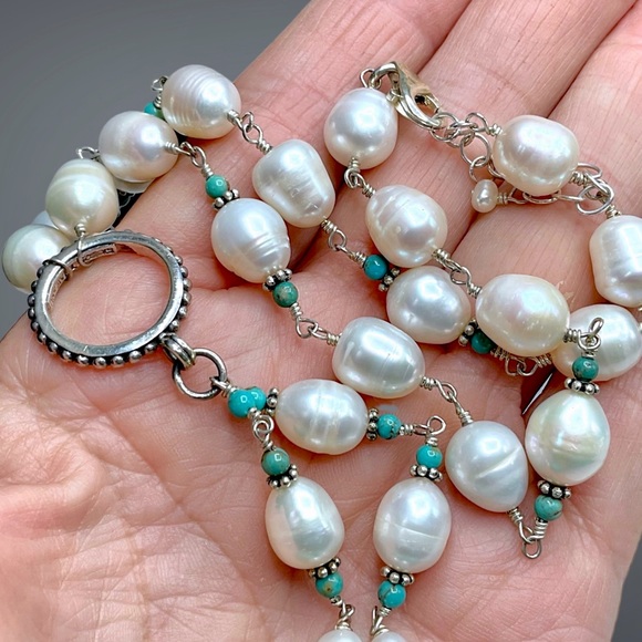 🌺Gorgeous Sterling, Genuine Pearl & Turquoise Necklace - Picture 8 of 14